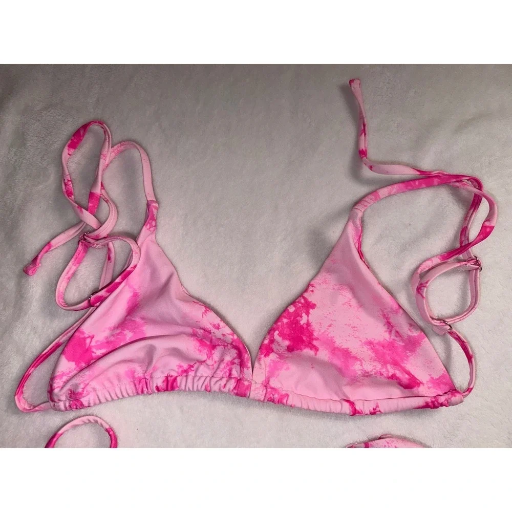 Zaful Pink Tie Dye Bikini Set Triangle Top Side Tie Bottoms‎ Womens Size S 4